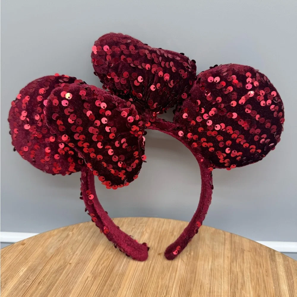 Disney‎ Parks Minnie Ears Dark Red Velour Sequin Tokyo Disneyland Japan Headband
